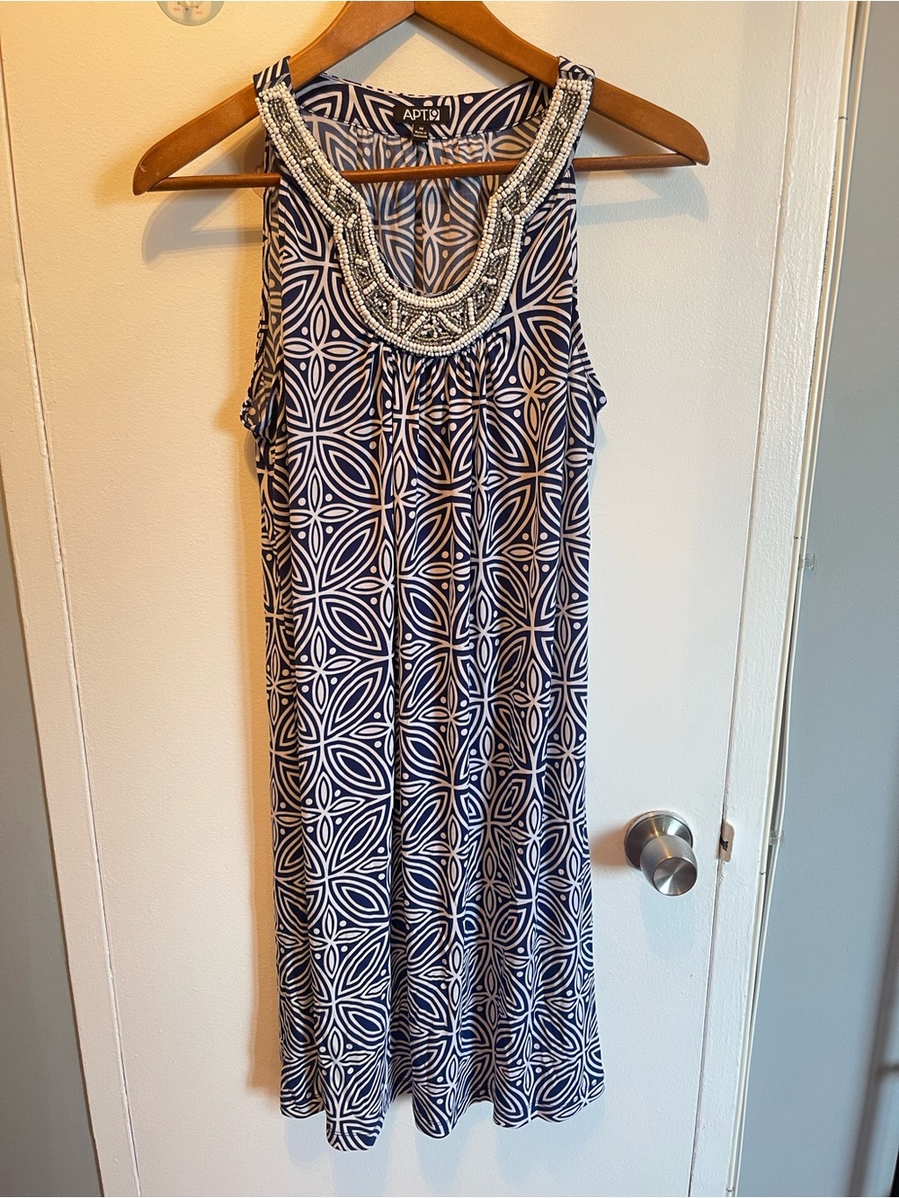 Nwot Apt. 9 Navy and White Sleeveless Midi Dress with Beaded Scoop Neck Size M